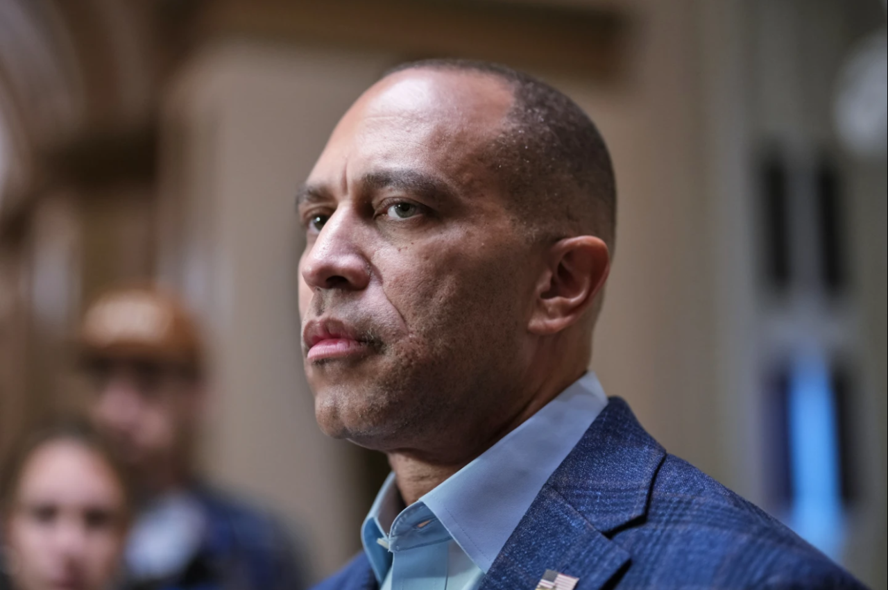 House Minority Leader Hakeem Jeffries, D-N.Y., speaks to reporters as a government shutdown begins its tenth day in Washington, Friday, Oct. 10, 2025.