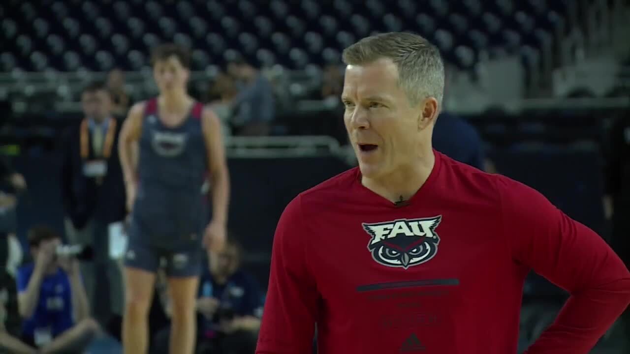 FAU Owls head coach Dusty May watches team practice ahead of Final Four, March 31, 2023