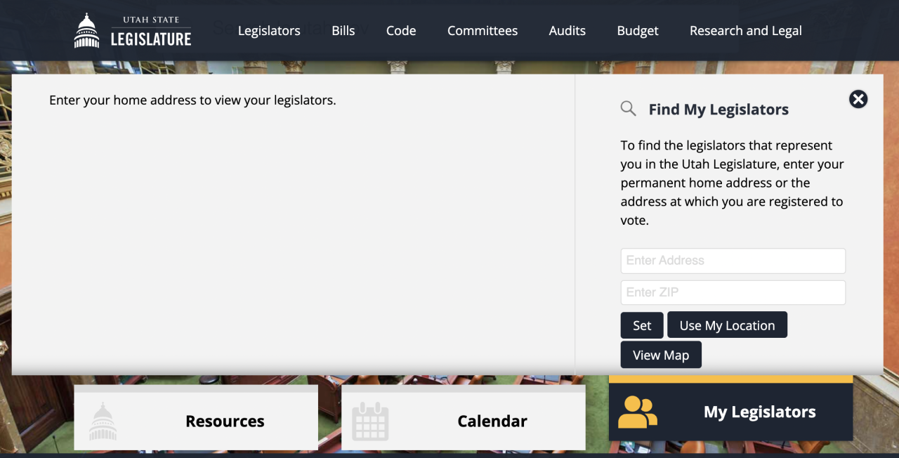 The "find my legislator" portion of the Utah State Legislature's website