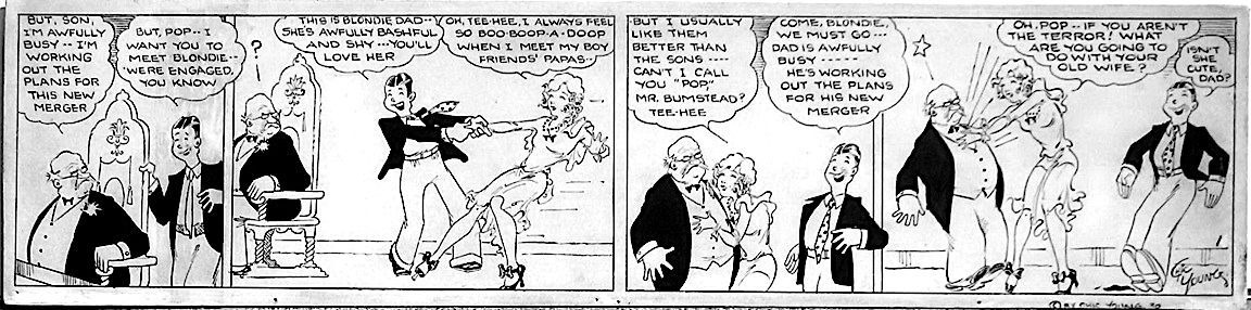 A 1930 comic strip of "Blondie" showing the character of Dagwood introducing Blondie to his father.