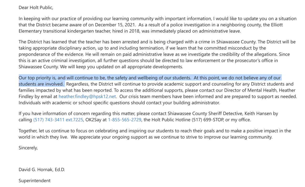 Holt Public School letter to parents