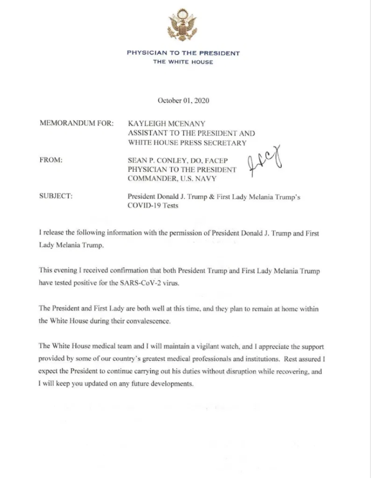 READ White House physician memo after president, first lady test