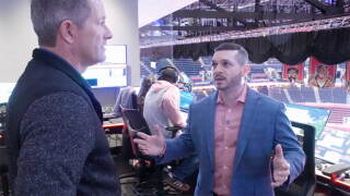 Florida Panthers Vice President, Game Entertainment and Operations Mike Masino gives Panthers 360 host Mike Trim a tour of arena control room