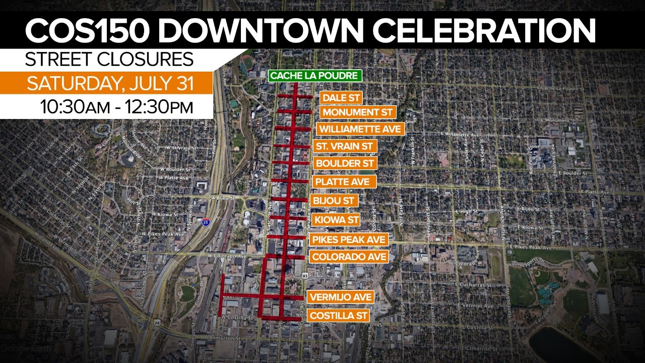 Street closures for COS150 Downtown Celebration during the parade