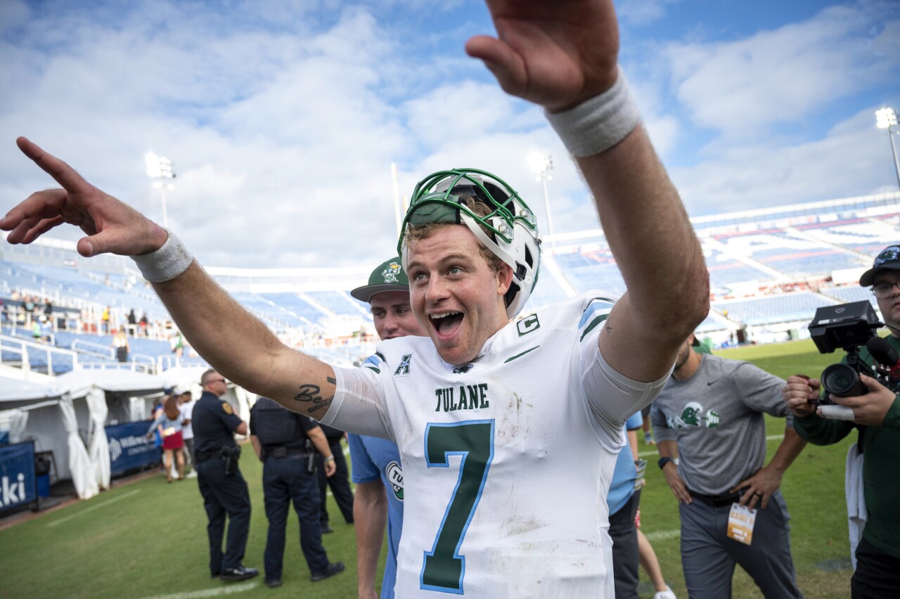 Tulane Green Wave QB Michael Pratt celebrates after 24-8 win at FAU Owls, Nov. 18, 2023
