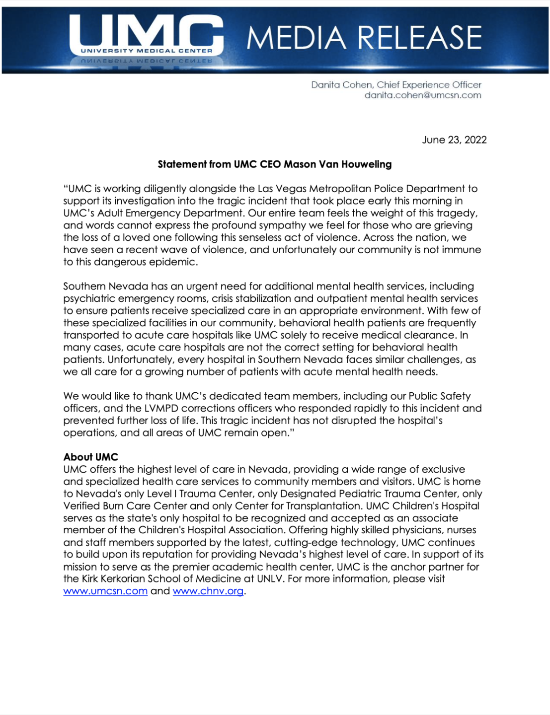 Statement from UMC CEO Mason Van Houweling