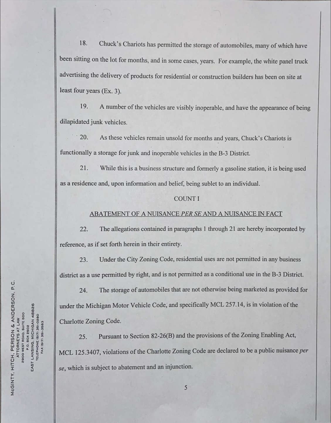 Allegations in City of Charlotte vs Chuck's Chariots LLC