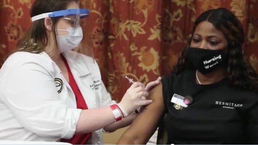 Hermitage Richmond Assistant Director of Nursing Doretha Wimms receives second COVID-19 vaccination.