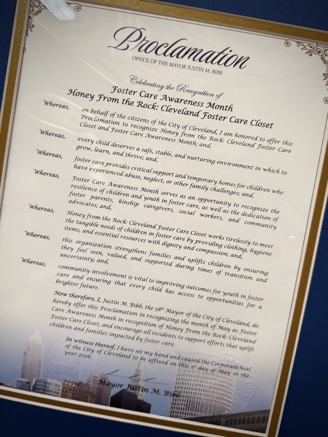 City of Cleveland proclamation recognizing May as Foster Care Awareness Month in recognition of Honey From the Rock: Cleveland Foster Care Closet