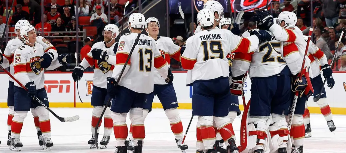 Florida Panthers celebrate their 1-0 win over the Carolina Hurricanes following an NHL hockey game in Raleigh, N.C., Tuesday, Sept. 29, 2026.