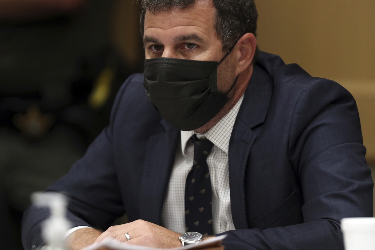 Defense attorney Gabe Ermine sits at defense table during hearing for Nikolas Cruz, Oct. 7, 2021