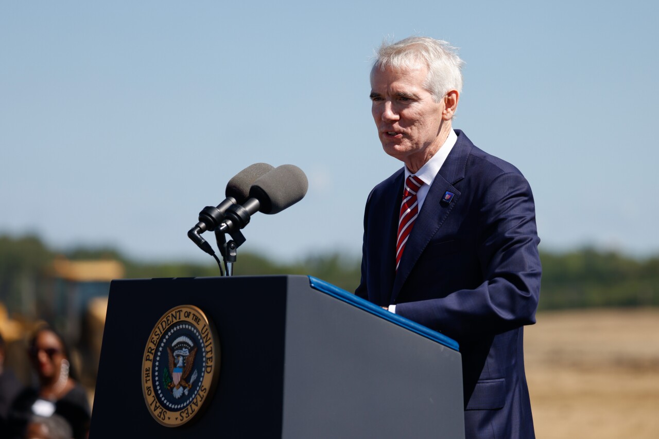 NEW ALBANY, OH — SEPTEMBER 09: U.S. Senator Rob Portman speaks at a groundbreaking ceremony for Intel’s new semiconductor manufacturing site, September 9, 2022, in Licking County, Ohio. (Photo by Graham Stokes for the Ohio Capital Journal / Republish photo only with original story)