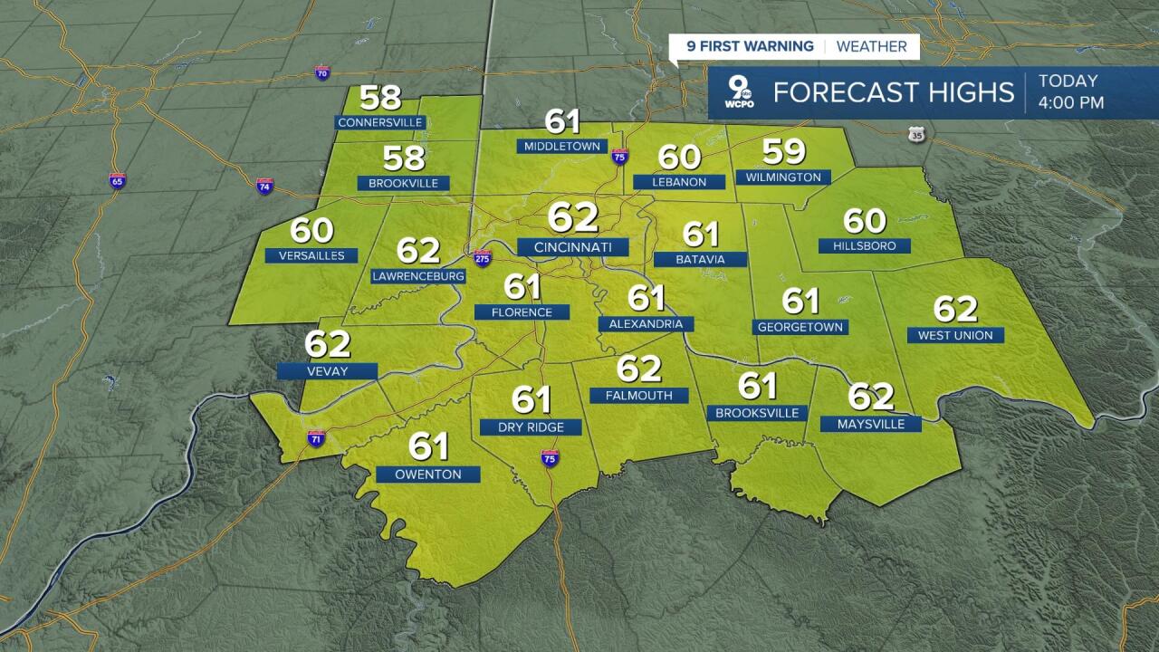 Highs in the low 60s Thursday afternoon