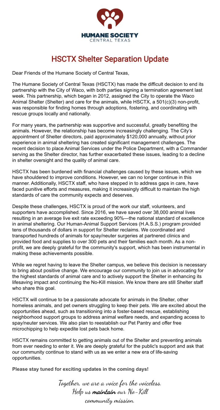 Humane Society of Central Texas statement