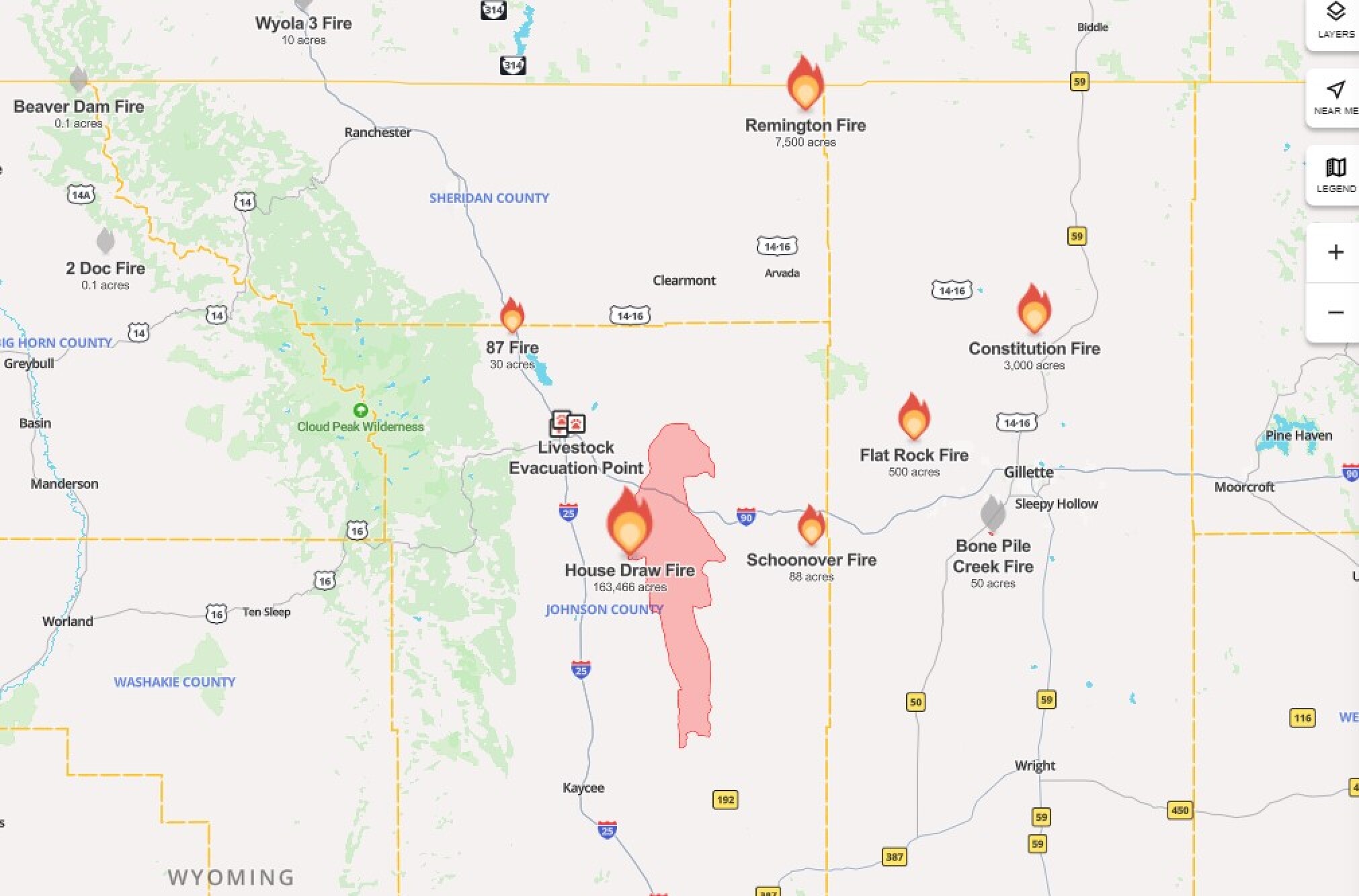 House Draw Fire jumps I90 in Wyoming; Wildfire burning north of Tongue