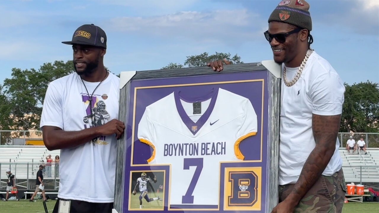 Baltimore Ravens quarterback Lamar Jackson had his old No. 7 jersey retired by Boynton Beach High School on May 15, 2026.