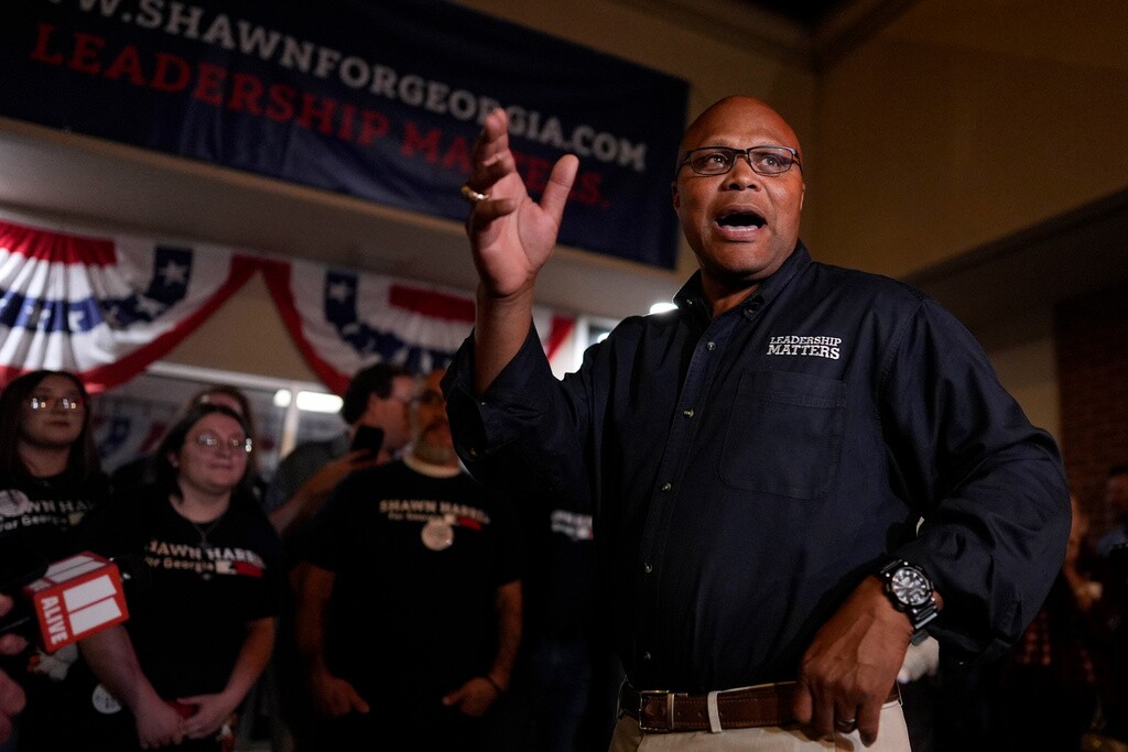 Democrat Shawn Harris speaks to supporters after learning he would advance to a runoff election against Republican Clay Filler during an election night watch party, Tuesday, March 10, 2026, in Rome, Ga.