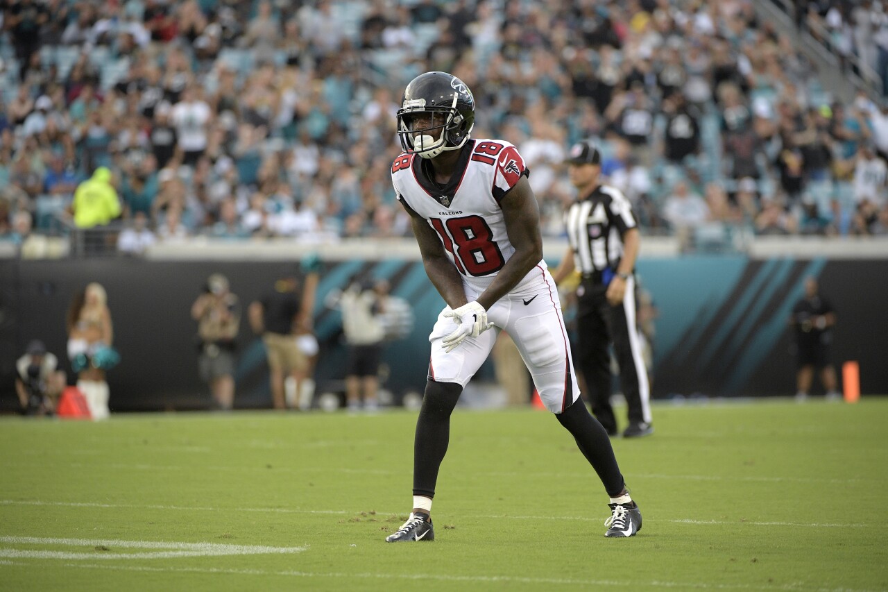 Atlanta Falcons receiver Calvin Ridley lines up against Jacksonville Jaguars during preseason game, Aug. 25, 2018