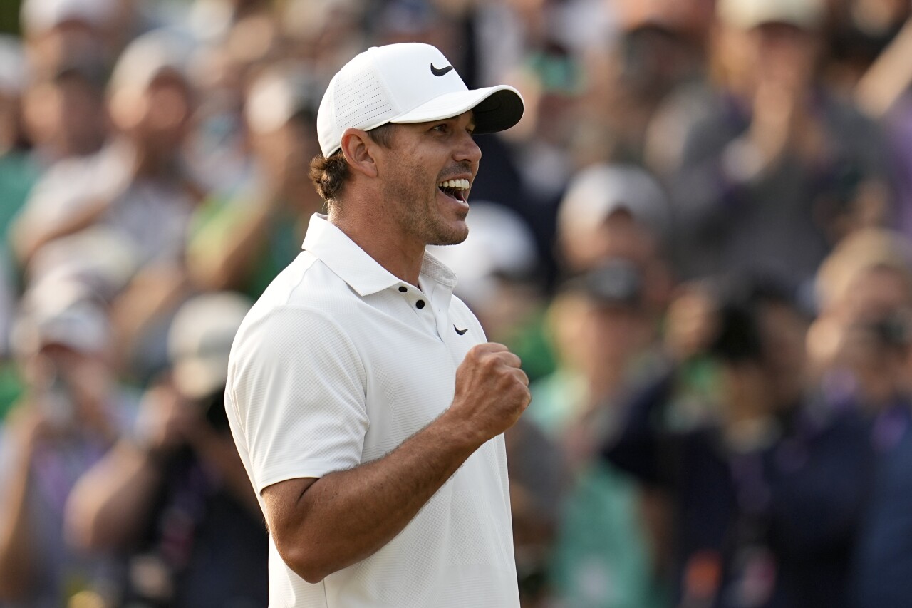 Brooks Koepka celebrates after winning the PGA Championship golf tournament at Oak Hill Country Club on Sunday, May 21, 2023, in Pittsford, N.Y. (AP Photo/Abbie Parr)