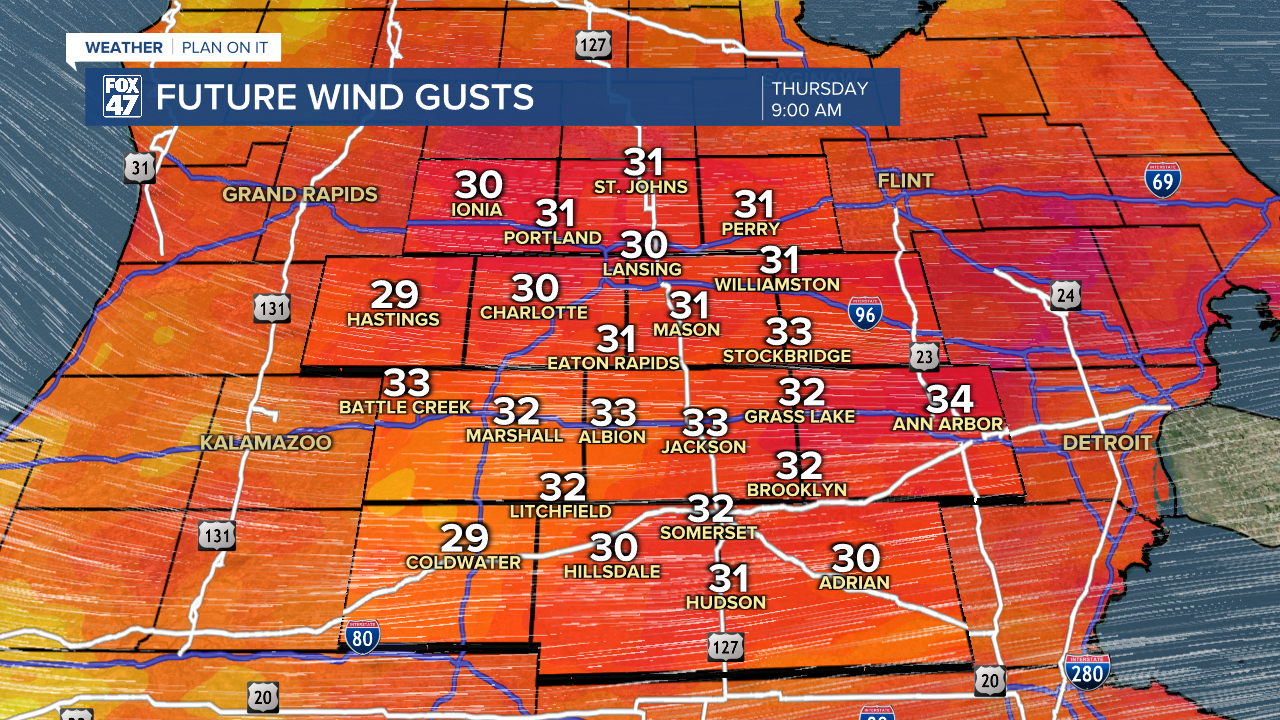 Strong winds during the AM hours will weaken gradually through the afternoon hours Thursday