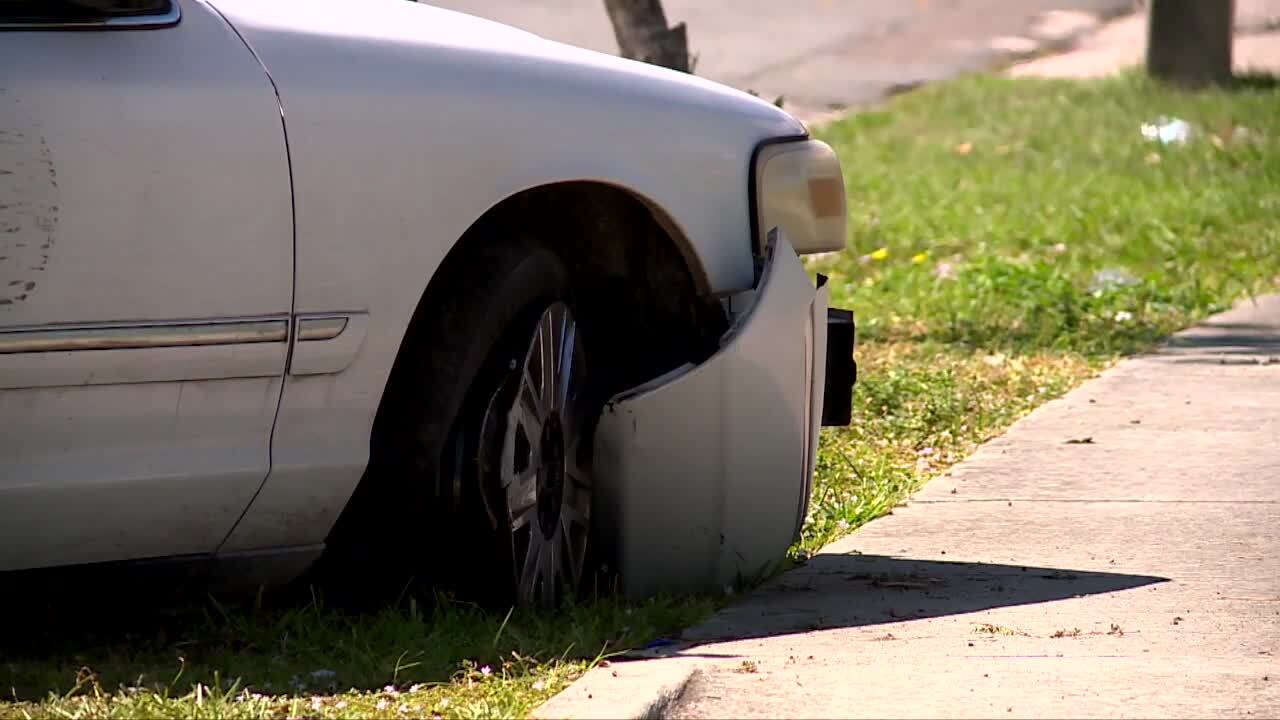 Closeup of car's damage after crashing near Broadway and 45th Street, Feb. 16, 2024