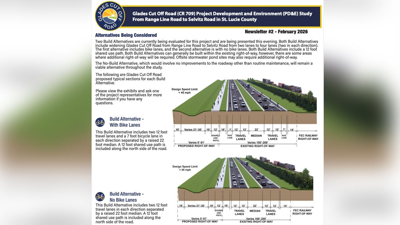 The widening project for Glades Cut Off Road in St. Lucie County currently has two versions, with and without bike lanes.