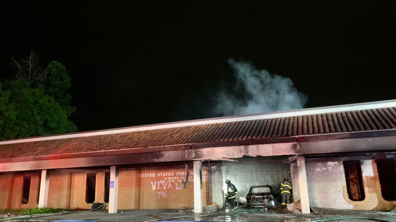 Fire crews respond to a car into a post office in San Jose, California. 