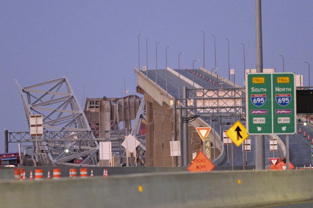 Francis Scott Key Bridge collapse damage at dawn, March 26, 2024