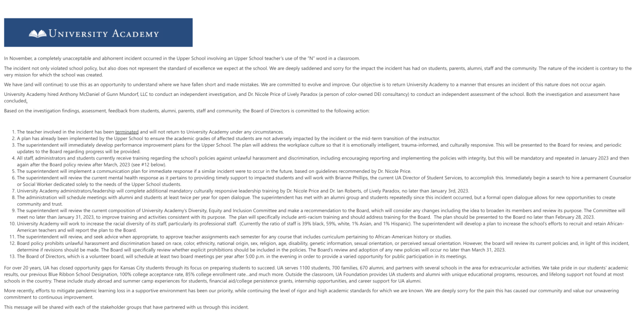 University Academy letter