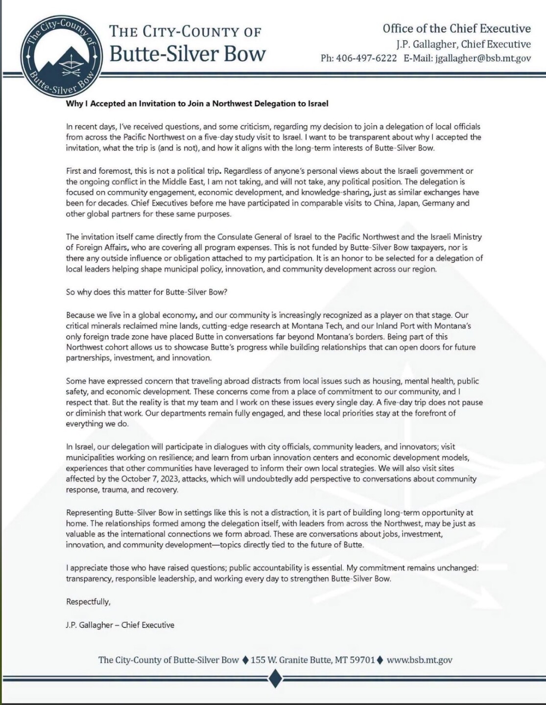 Letter from Butte Chief Executive
