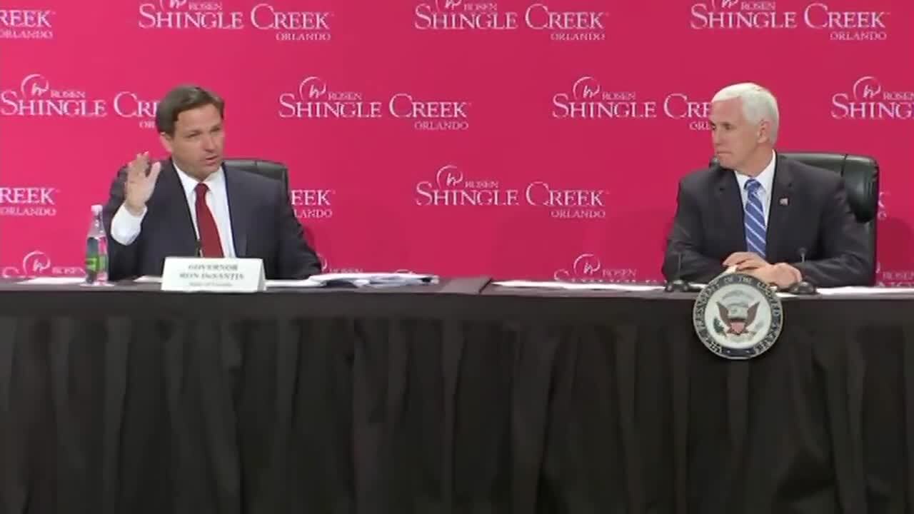 Gov. Ron DeSantis met with Vice President Mike Pence in Orlando on Wednesday and lashed out at DOH employee Rebekah Jones, who claims she was asked to censor coronavirus data.