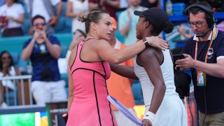 Aryna Sabalenka, left, and Coco Gauff embrace at the end of the women's singles final at the Miami Open tennis tournament, Saturday, March 28, 2026, in Miami Gardens, Fla.