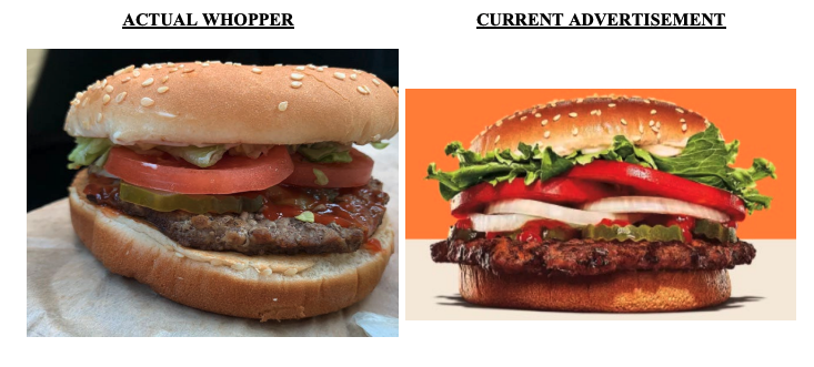 Burger King 'Actual Whopper' vs. 'Current Advertisement' comparison in lawsuit