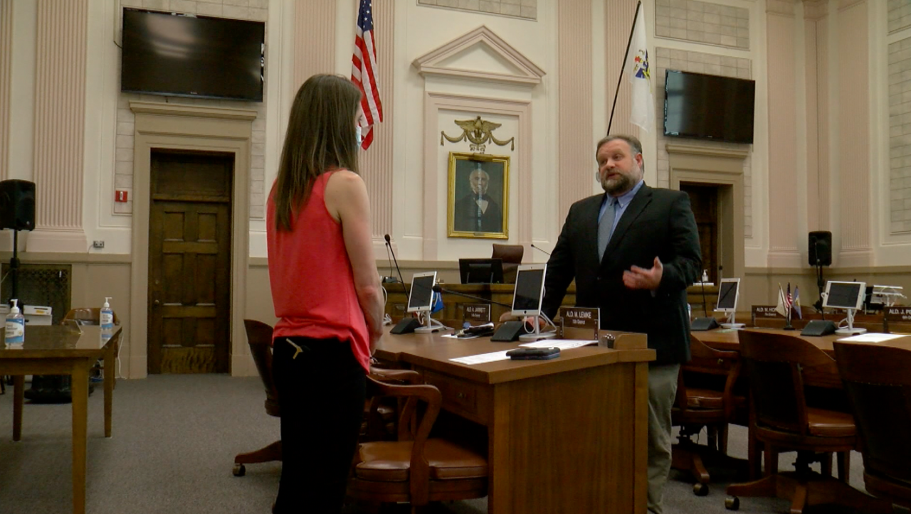 Racine Mayor Corey Mason inside common council chambers