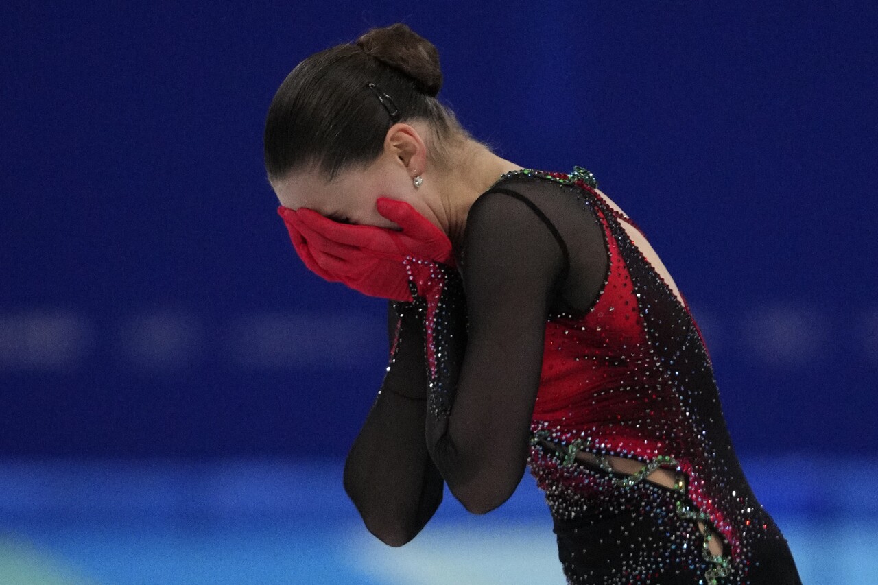 Kamila Valieva reacts after 2022 Beijing Olympics figure skating competition