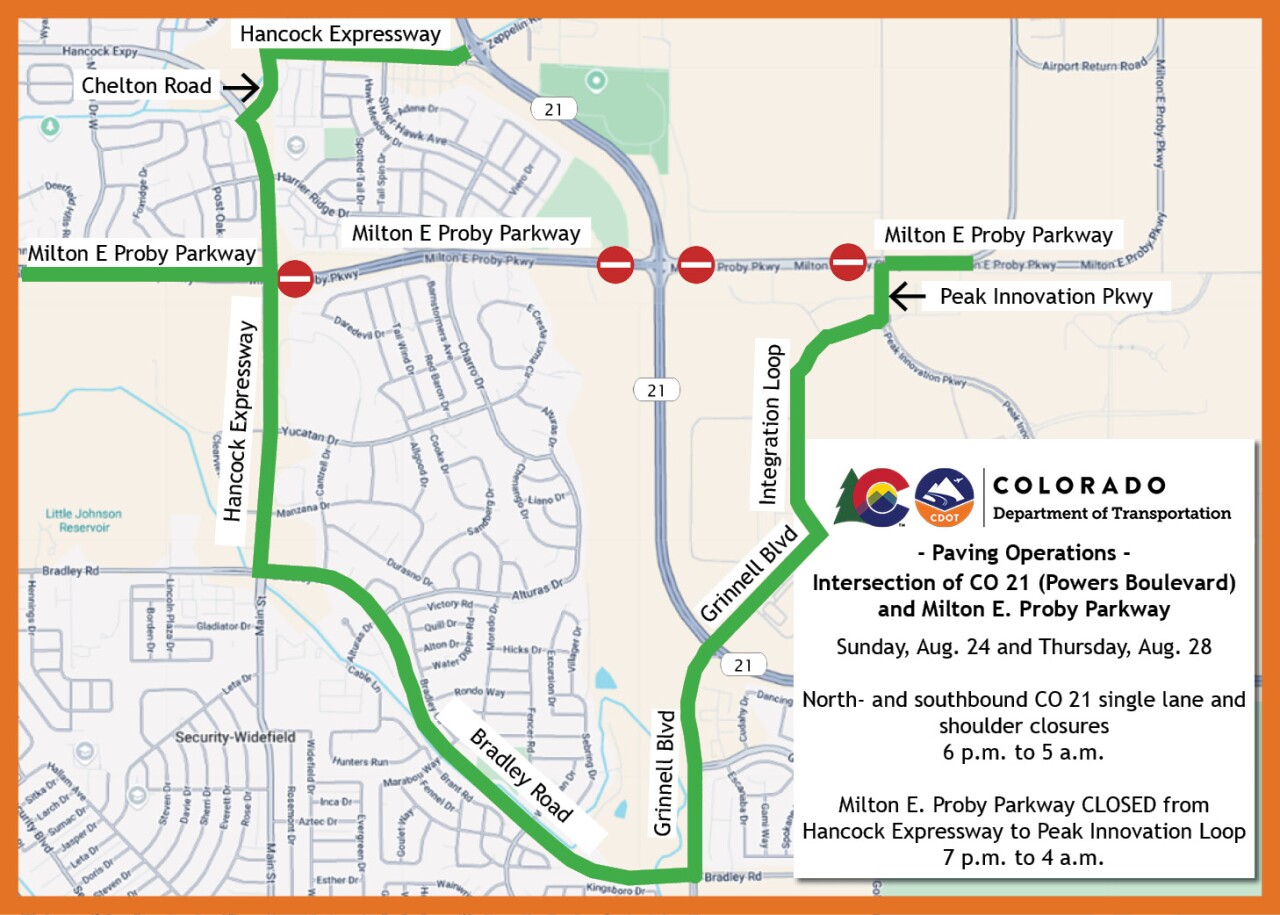 Overnight Road Closures at Milton E. Proby & Powers Blvd. (8/24-8/28)