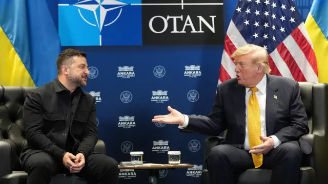 U.S. President Donald Trump meets with Ukraine's President Volodymyr Zelenskyy on the sidelines of the NATO summit in Ankara, Turkey, Wednesday, July 8, 2026.