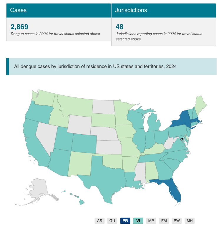 CDC map of 2024 dengue fever cases