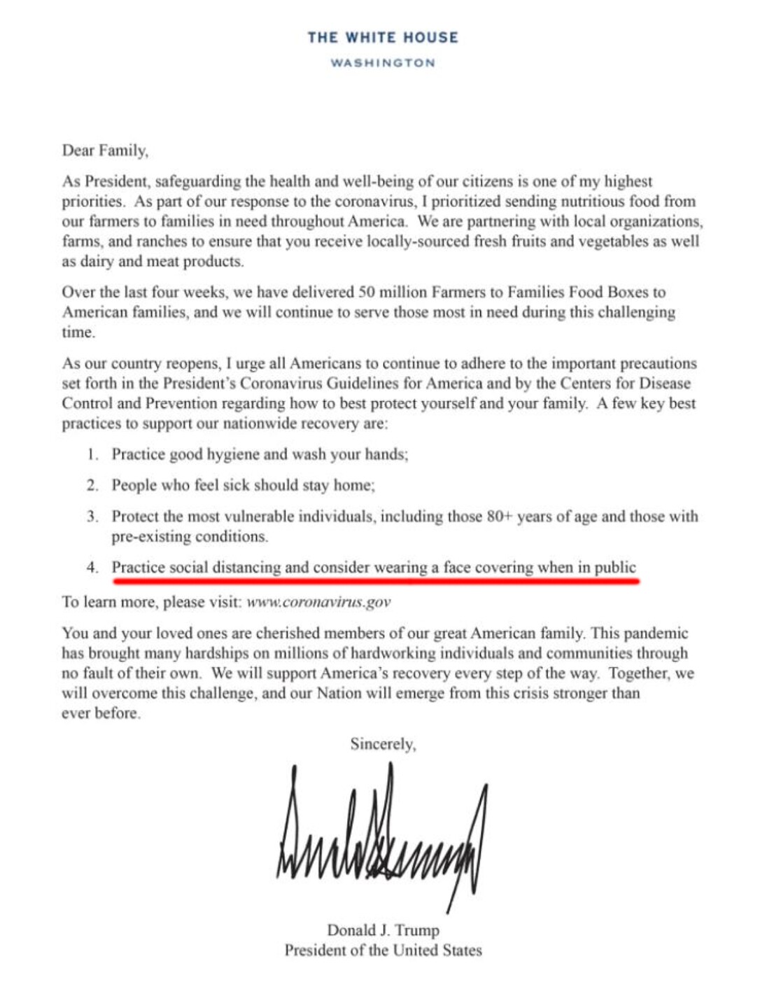 Trump letter in federally funded food boxes
