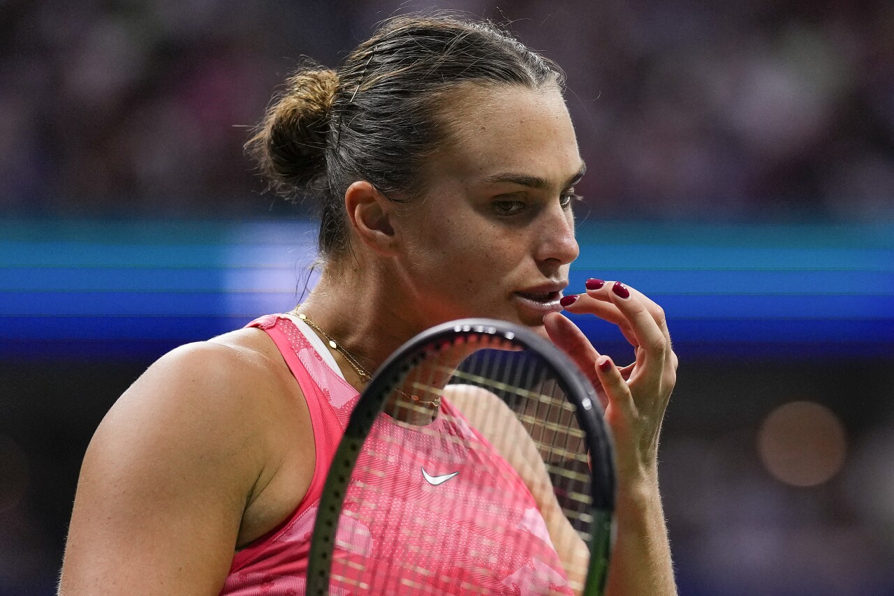 Aryna Sabalenka reacts after a point to Coco Gauff during women's singles final of U.S. Open, Sept. 9, 2023