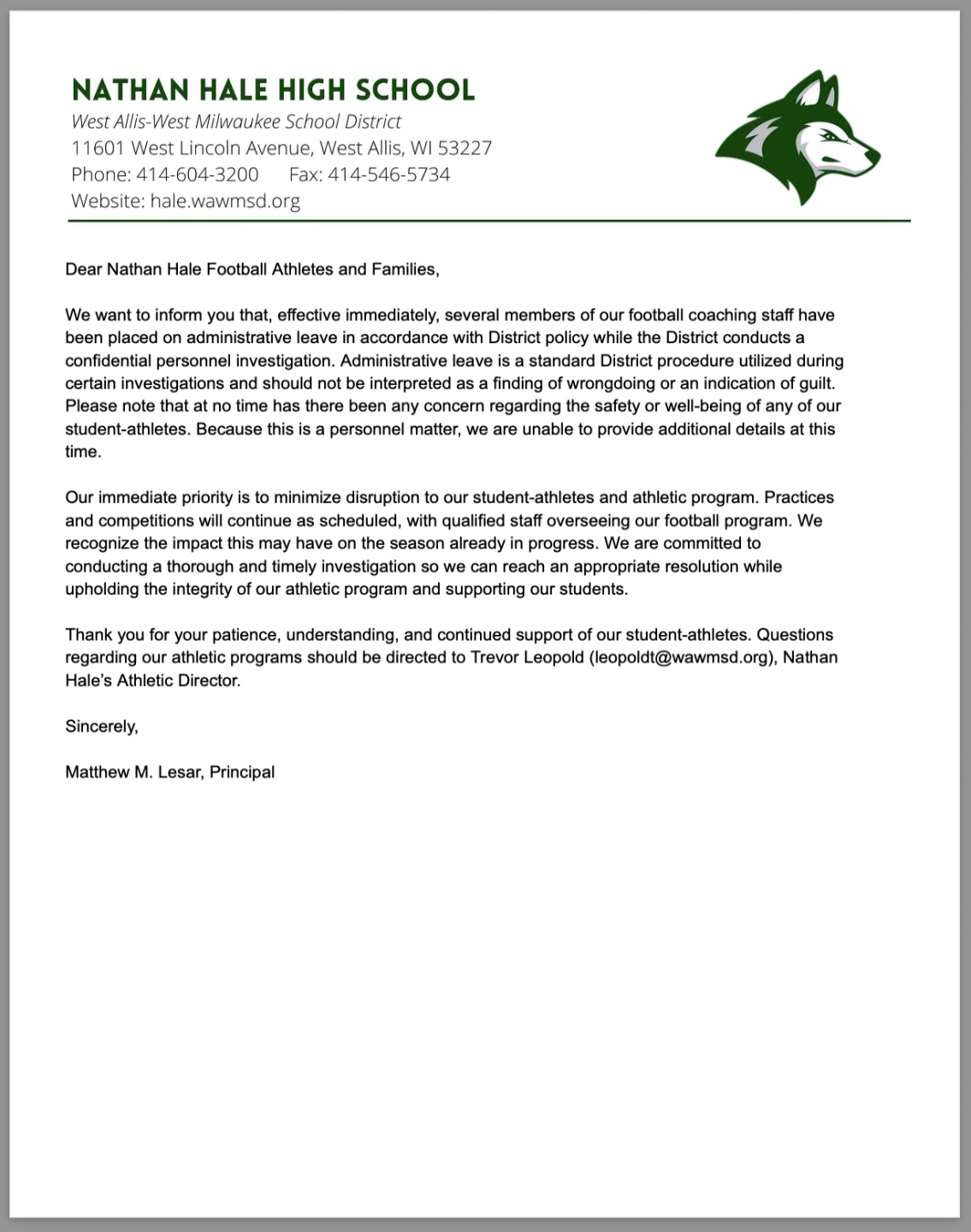 Nathan Hale High School Email August 6
