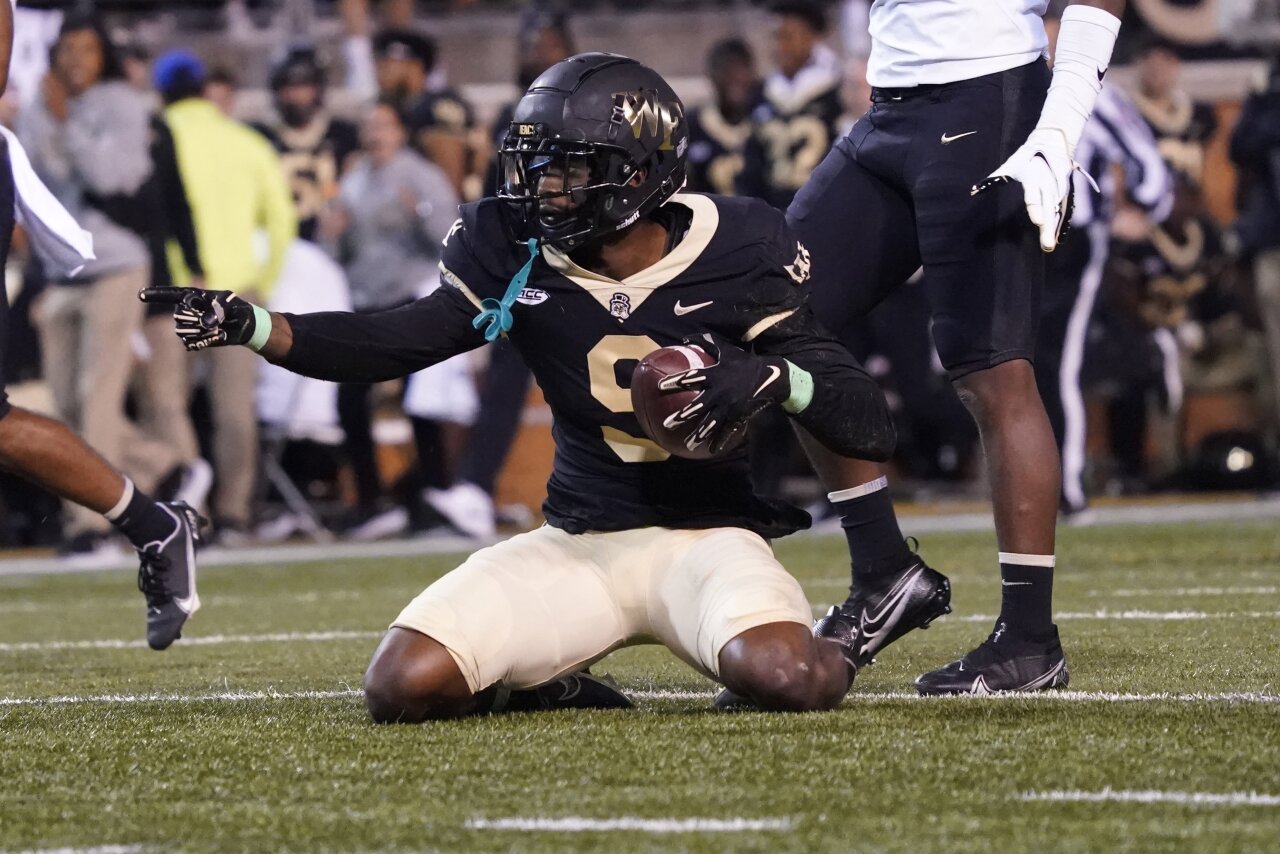 Wake Forest Demon Deacons receiver A.T. Perry celebrates after making catch, Oct. 8, 2022