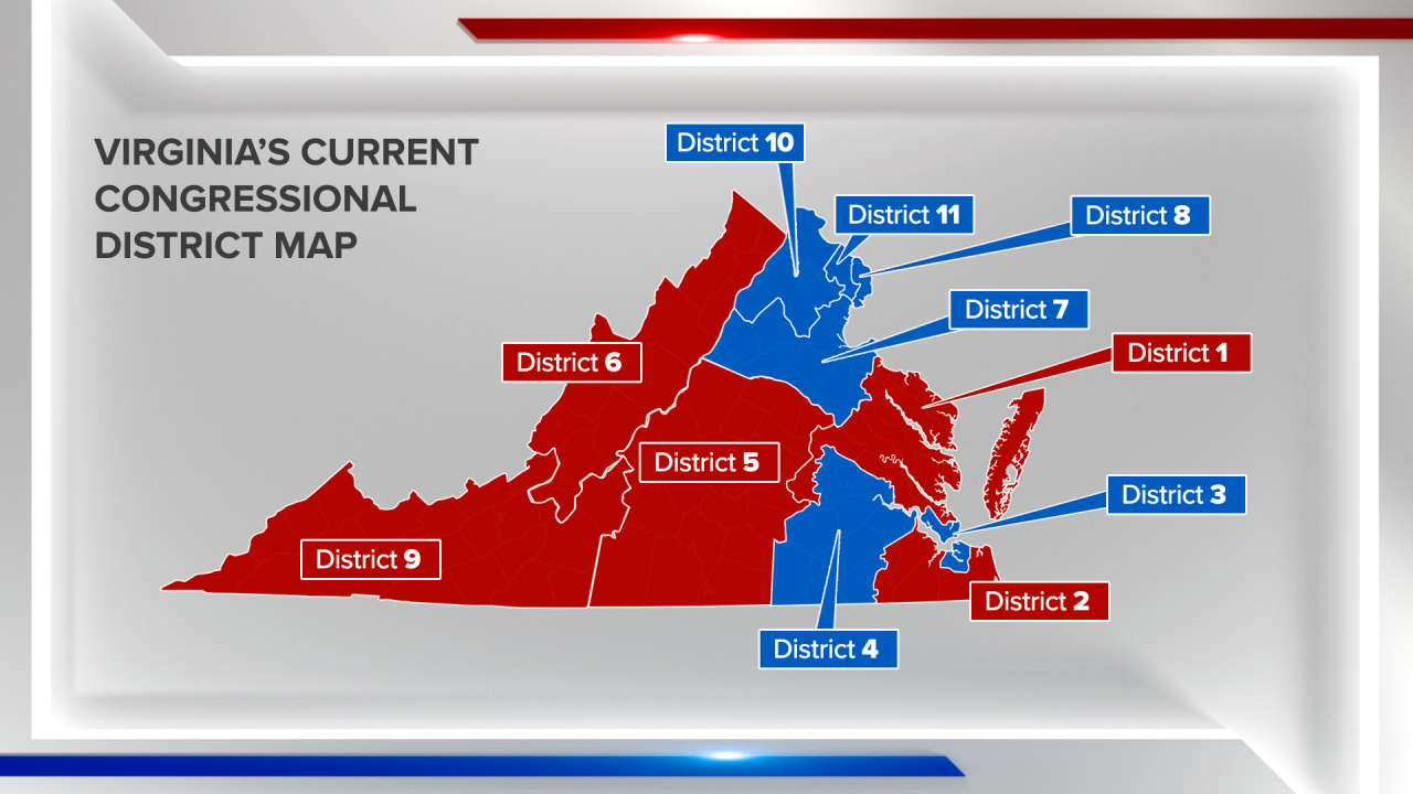 Virginias Current congressional district map Party Leanings.png