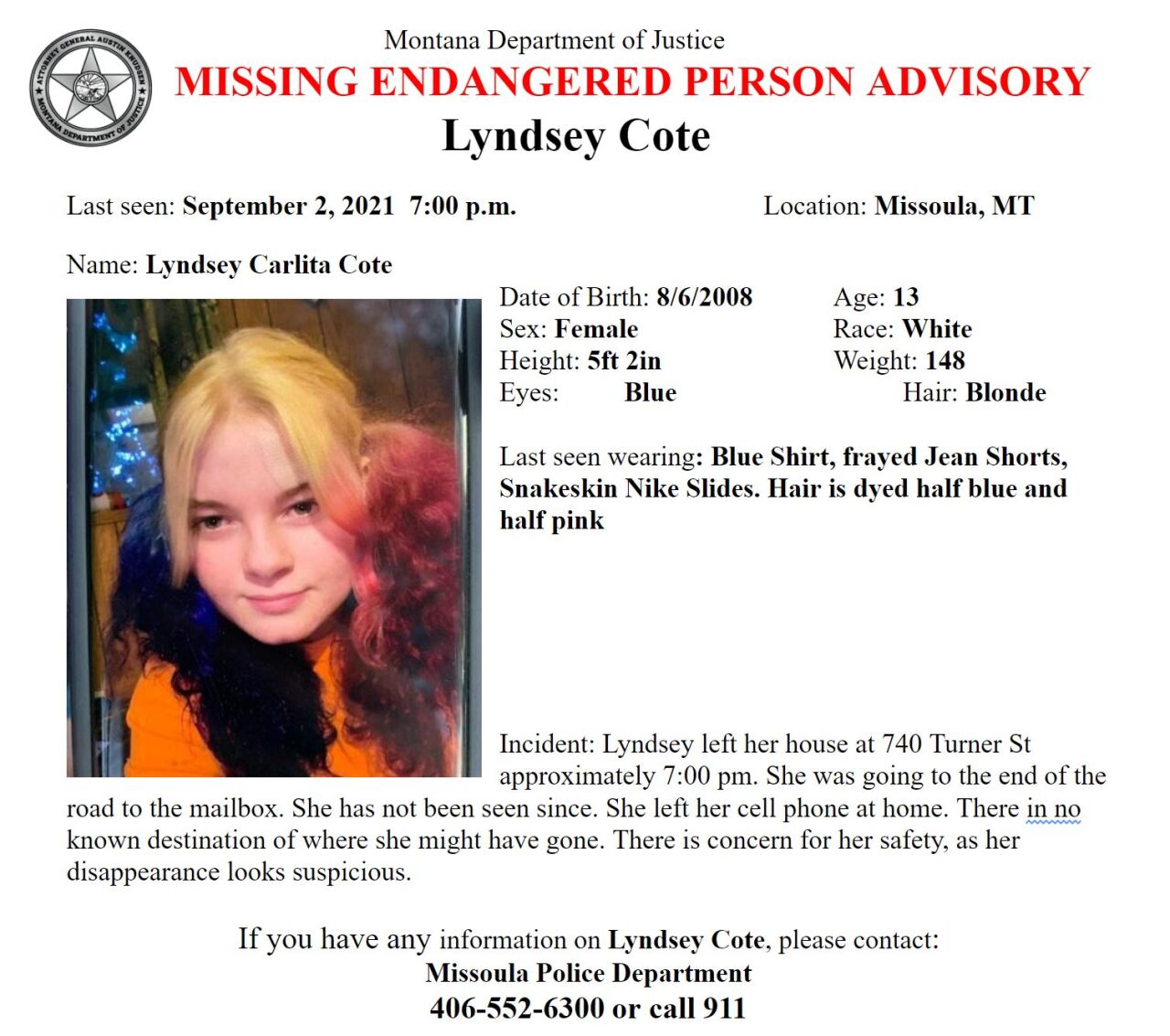 Missing/Endangered Person Advisory for 13-year old Lyndsey Cote of Missoula