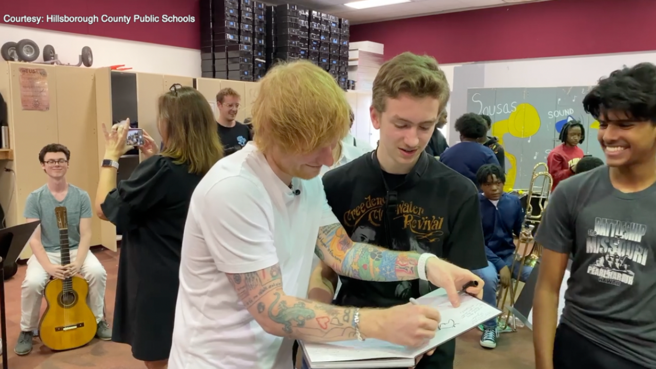 Ed Sheeran visits Tampa high schoolers, gifts them guitars and concert tickets