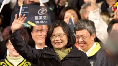 President-elect Tsai Ing-wen waves supporters at DPP headquarter on January 16, 2016 in Taipei, Taiwan.