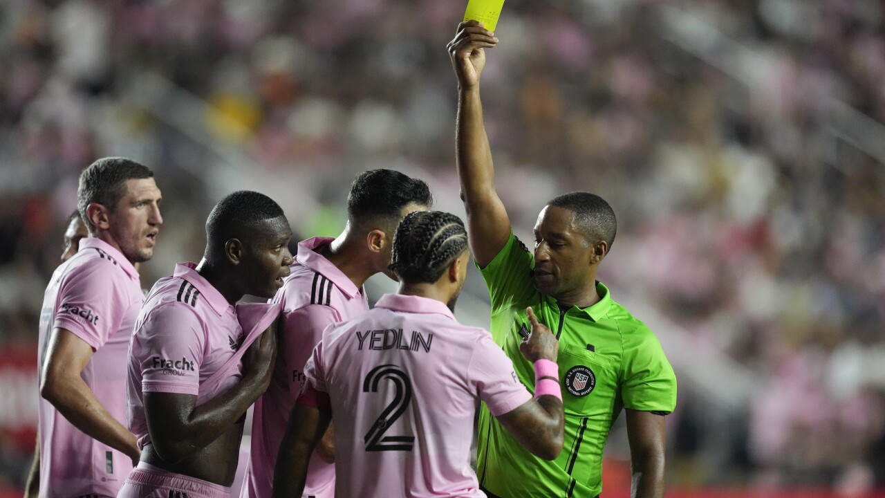 Inter Miami defender DeAndre Yedlin receives yellow card vs. Houston Dynamo during first half of U.S. Open Cup final, Sept. 27, 2023