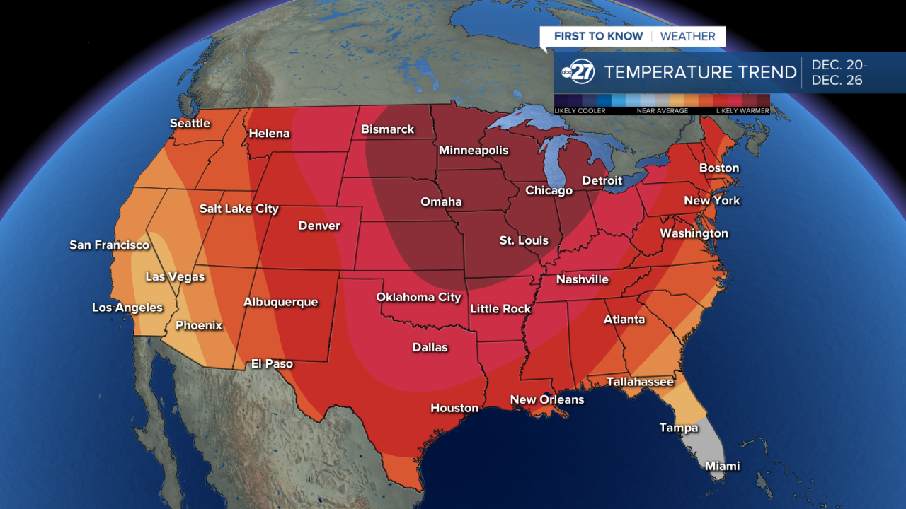 Warmer than average temperature outlook for December 20-26th for U.S.