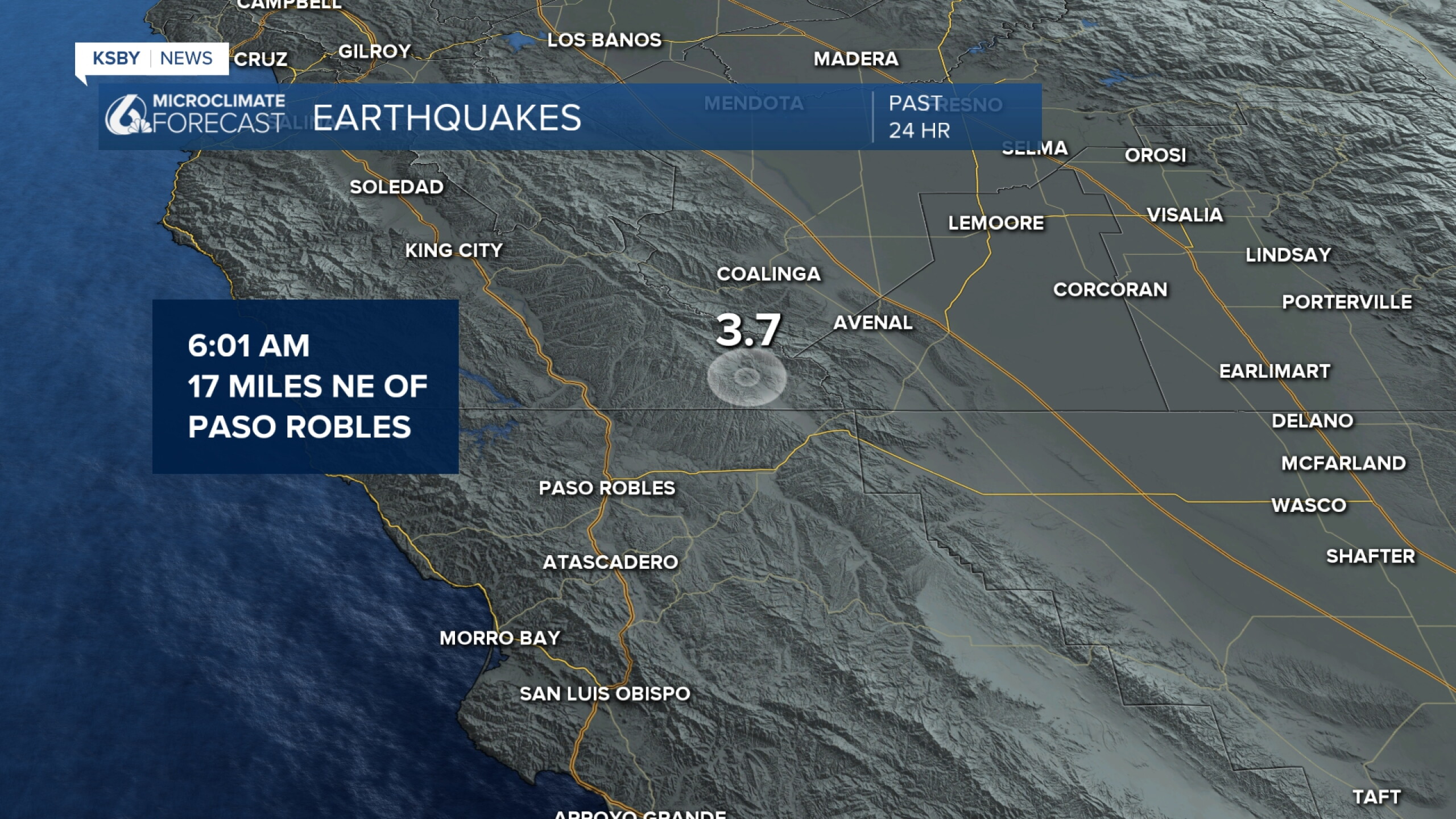 3.7 magnitude earthquake recorded north of Paso Robles Wednesday morning