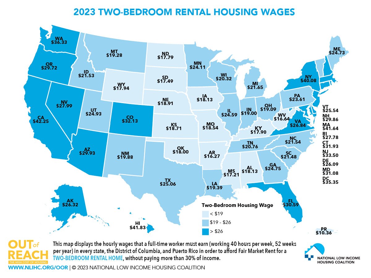 Hourly wage required to afford a two-bedroom rental home by state.